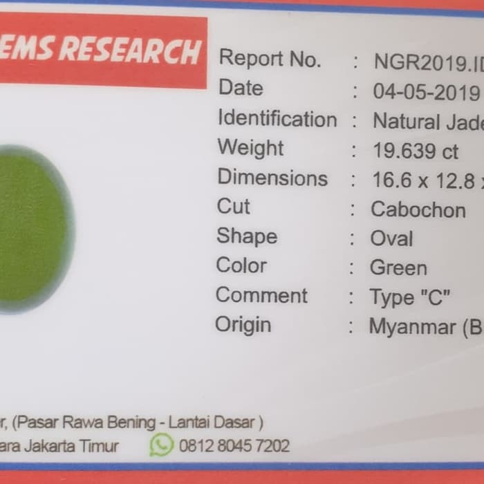 Batu Giok Burma Jadeite Jade Top Green Memo 19.639 crt